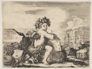 Plaat 1: het genie van het tekenen, een kind met vleugels, zittend op een rots in het midden, ca. 1641-43