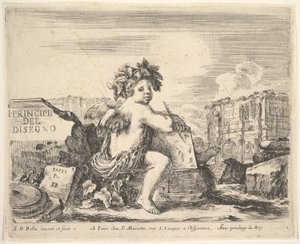 Plaat 1: het genie van het tekenen, een kind met vleugels, zittend op een rots in het midden