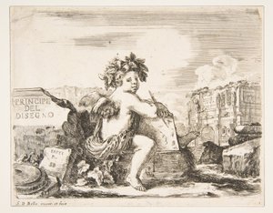 De genius van tekenen, een kind met vleugels, zittend op een rots in het midden, ca. 1641-43