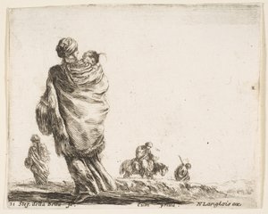 Plaat 21: een arme vrouw links, gezien van achteren, die haar kind in een sjaal wikkelt, ca. 1644-47