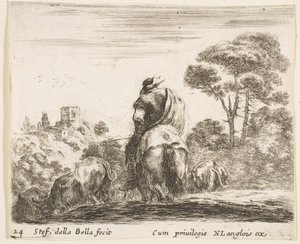 Plaat 24: herder te paard, gezien van achteren, leidt zijn vee een heuvel af, ca. 1644-47