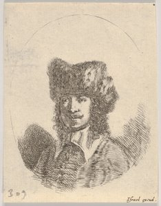 Plaat 2: hoofd van een man met snor en bontmuts naar links, een ovale compositie, 1650 door Stefano della Bella
