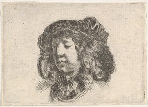 Hoofd van een jonge man in een met veren versierde pet, ca. 1646 door Stefano della Bella