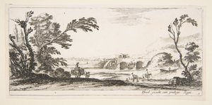 Plaat 3: twee ruiters steken een rivier over naar rechts, een vrouw met twee manden bovenop een ezel..., ca. 1641 door Stefano della Bella