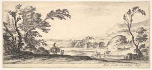 Plaat 3: twee ruiters steken een rivier over naar rechts, een vrouw met twee manden op een ezel, ca. 1641 door Stefano della Bella