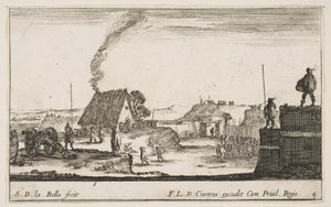 Plaat 4: Een militair kampement met een soldaat die op een borstwering staat naar rechts, ca. 1641 door Stefano della Bella