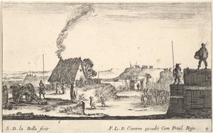 Blad 4: Een militair kampement met een soldaat die op een borstwering staat aan de rechterkant, ca. 1641