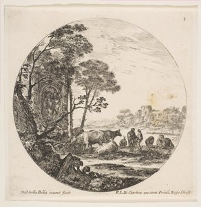 Corinthisch kapiteel op de grond links, een monument met figuren in reliëf, ca. 1646