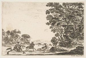Plaat 4: een hertenjacht, twee ruiters galopperen naar links achter drie honden en een hert, 1642