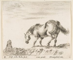 Plaat 4: een paard in profiel naar links, op het punt om van een heuvel af te dalen, een paard..., ca. 1644-47 door Stefano della Bella
