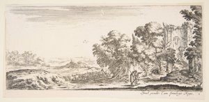 Twee pelgrims die ruïnes observeren naar rechts, een wijst naar rechts, een herder..., ca. 1641 door Stefano della Bella