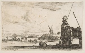 Pikeman staande rechts naast een kanon, andere militaire figuren, ca. 1641 door Stefano della Bella