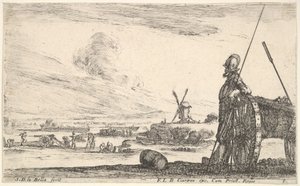 Plaat 5: Een Piekendrager die rechts naast een kanon staat, andere militaire figuren op de achtergrond door Stefano della Bella