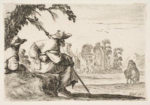 Plaat 5: twee pelgrims met hoeden rusten links, gezien van achteren, een ruiter rijdt naar