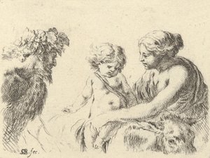 Plaat 6: een vrouw rechts die haar kind vasthoudt dat bovenop een ezel zit, een sater links..., ca. 1646 door Stefano della Bella