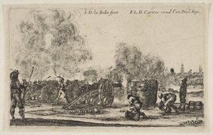 Plaat 6: batterij kanonnen die op een stad vuren, uit Diverse militaire caprices Varii, ca. 1641