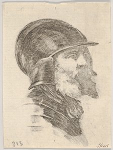 Plaat 6: hoofd van een oude bebaarde soldaat met een helm naar rechts, uit Diverse hoofden
