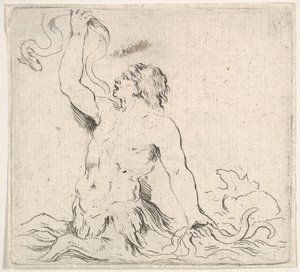 Plaat 7: een triton in het water, naar links gericht, een paling in zijn rechterhand houdend