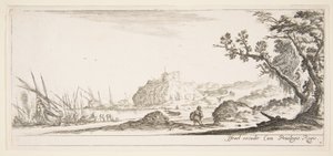 Blad 7: verschillende boten aan de kust links, een man die een tas draagt, gezien van achteren, ca. 1641 door Stefano della Bella