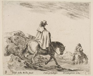Plaat 8: een ruiter daalt een rivieroever af, een andere ruiter in de rivier rechts, uit