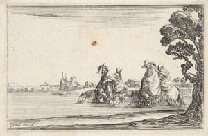 Plaat 8: twee ruiters met hoeden rechts, elk met een vrouw achter hen zittend, rijdend, ca. 1642 door Stefano della Bella