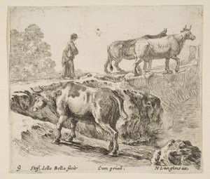 Plaat 9: een koe die een oever opgaat, een boerin leidt twee koeien over een brug, ca. 1644-47 door Stefano della Bella