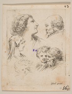 Plaat 9: vijf hoofden, twee jonge vrouwen links, een bebaarde man rechtsboven, een jonge vrouw..., ca. 1649