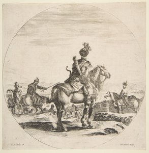 Poolse ruiter met boog en pijl, gezien van achteren met zijn paard naar rechts gericht, een..., ca. 1651
