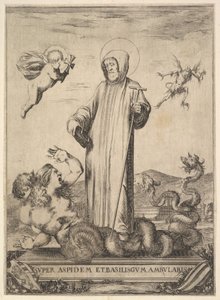 Sint Jean Gualbert vertrapt een monster met twee menselijke hoofden en een slangachtig lichaam, een vliegende..., 1640 door Stefano della Bella