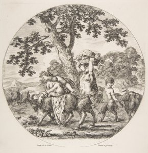 Satyrfamilie loopt naar links met twee geiten en een mand druiven door Stefano della Bella