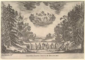 Tweede scène, in het bos van Diana, uit Het huwelijk van de goden Le nozze degli Dei, 1637 door Stefano della Bella