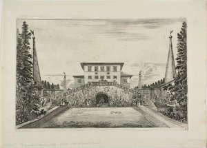Zuidgevel van de villa en de grote weide, uit Zichten van de Villa Pratolino door Stefano della Bella
