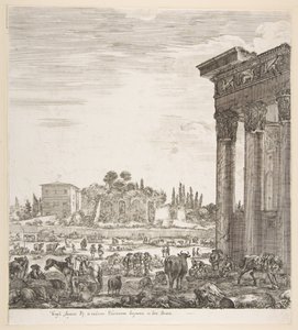 De zuilen van de Tempel van Antoninus rechts, een deel van het Campo Vaccino in het midden, 1656 door Stefano della Bella