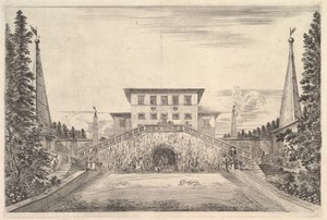 De villa geflankeerd door vier obelisken, een trap aan weerszijden, een standbeeld, ca. 1653 door Stefano della Bella
