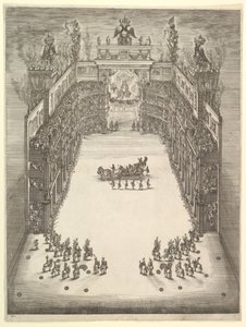 Theater in Modena, gezien van boven en gevuld met toeschouwers, met een triomfwagen in het midden