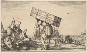 Titelpagina: een man met een koffer op zijn rug in het midden, drie mannen kijken naar hem..., 1639