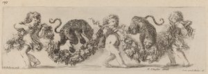 Twee luipaarden springen over een festoen ondersteund door kinderen, waarschijnlijk 1648 door Stefano della Bella