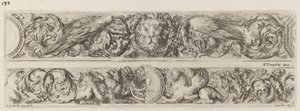 Twee decoratieve banden met hoofd van een leeuw en vrouw, waarschijnlijk 1648 door Stefano della Bella