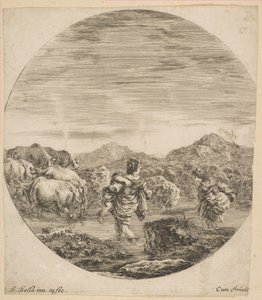 Twee vrouwen die een stroom oversteken, ca. 1646 door Stefano della Bella