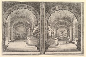 Twee uitzichten op een grot, beide uitzichten met een fontein met een zittend standbeeld, ca. 1653 door Stefano della Bella