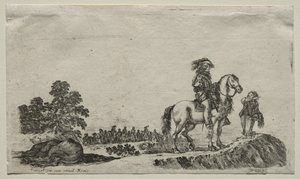Verschillende figuren en landschappen: Een verloren ruiter vraagt de weg, 1649