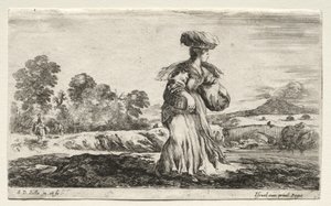 Verschillende figuren en landschappen: Boerin met een mand op haar hoofd, 1649 door Stefano della Bella