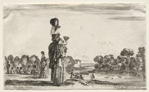 Verschillende figuren en landschappen: Vrouwen kijken naar baders langs een rivier door Stefano della Bella