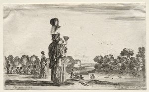 Verschillende figuren en landschappen: Vrouwen kijken naar baders langs een rivier door Stefano della Bella