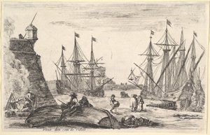 Uitzicht op een deel van Calais, een man zittend op een omgekeerde kano