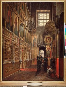Een kerkdienst in de Kathedraal van de Aankondiging in het Kremlin van Moskou