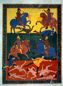 De Vier Ridders van de Apocalyps. De engel blaast de zesde trompet: de verschijning van paarden met een leeuwenkop die vuur spuwen, ruiters gemonteerd met slagschepen. Een derde van de mensen sterft. Miniatuur in 