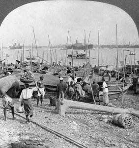 Haven van Rangoon aan de Irawaddy-rivier, Birma, 1908