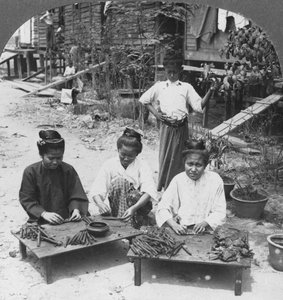 Het maken van de grote sigaren gerookt door vrouwen, Birma, 1908 door Stereo Travel Co