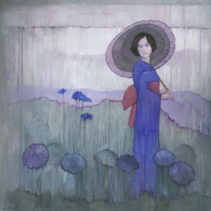 Blauwe kimono met lotusvelden